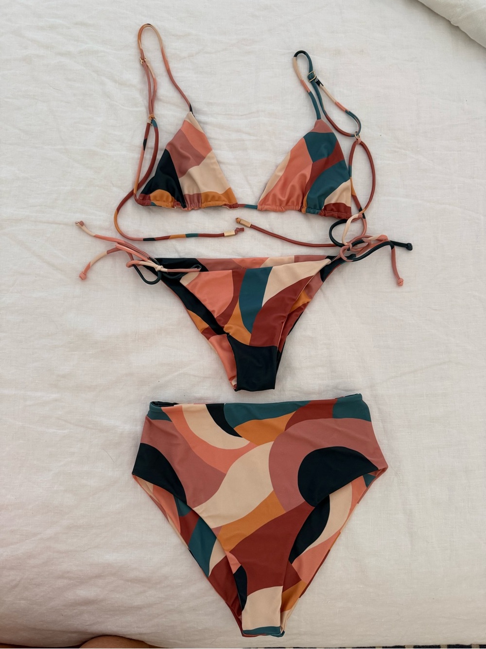 Juillet Abstract Print Tie-Side Bikini bottoms, top and high waisted bottoms